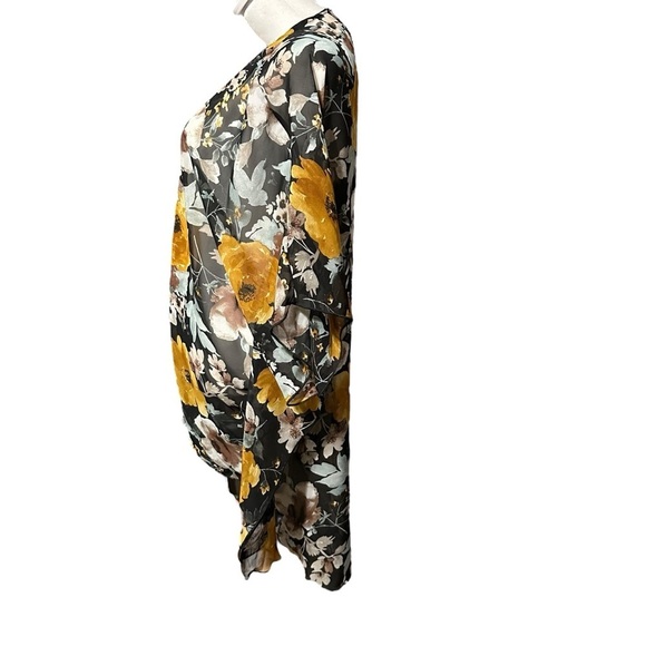 Emory Park Women Yellow & Black Floral Print Kimono Wrap Beach Cover Up Size L - Picture 3 of 4